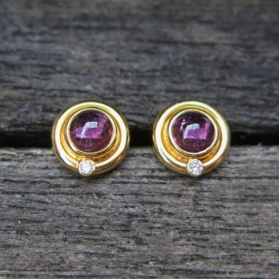 Ohrstecker rosa Turmalin Cabochons mit Diamanten 585/- Gelbgold