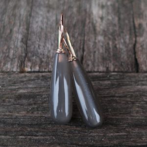 585 Rotgold Ohrringe mit grauen Mondstein Pampeln 22 x 7 mm