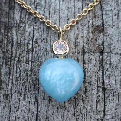 585 Gold Anhänger mit Aquamarin Herz und rosa Turmalin